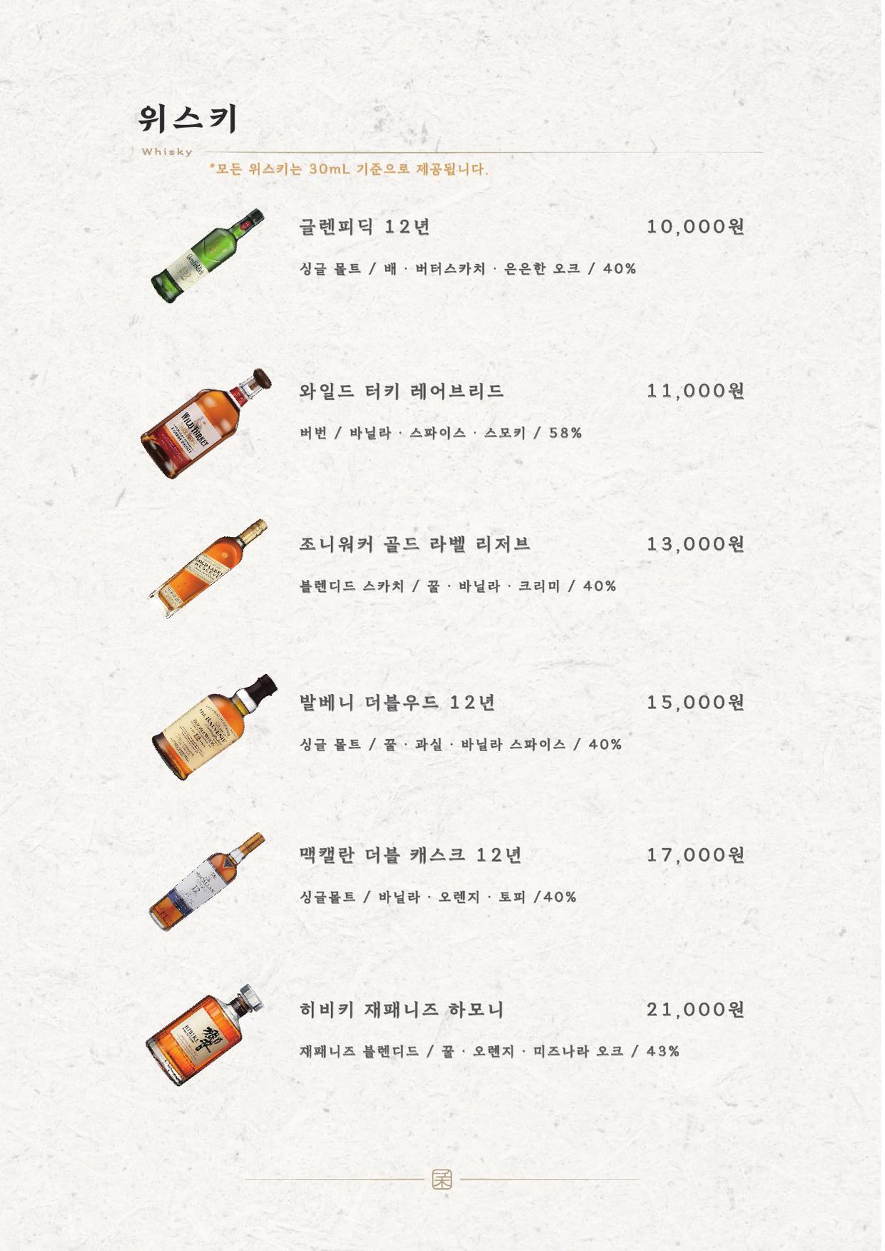 한우다움 홍대본점 메뉴판 6 — 위스키 — 30ml 기준