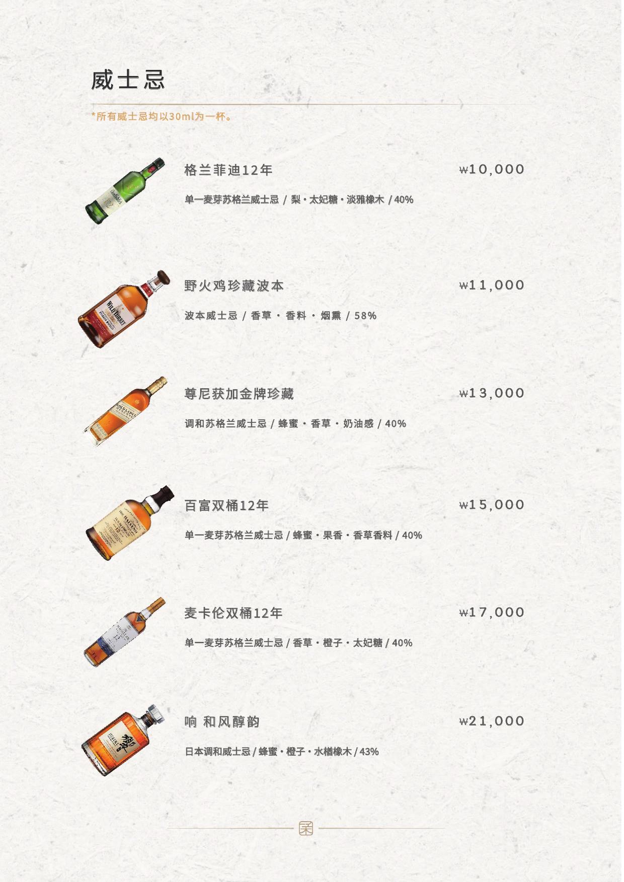 韓牛之美 弘大總店菜单 6 — 威士忌 — 每份 30ml